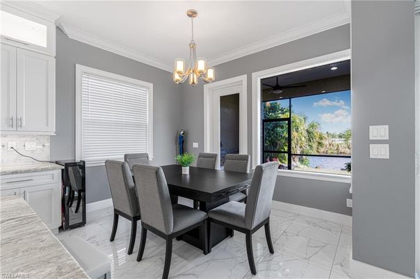Dining room, Interior, Marble, Pendant Lights