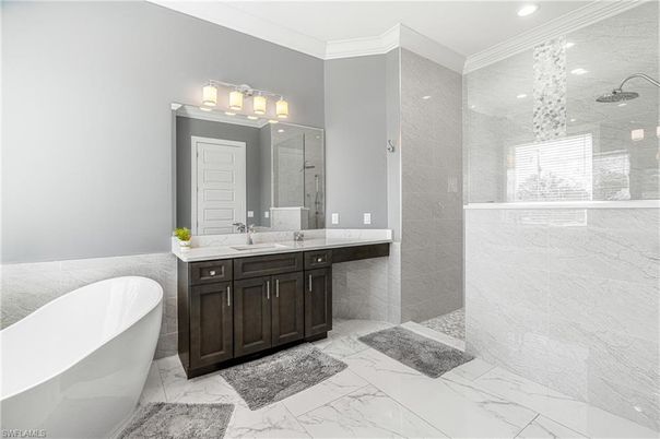 Bathroom, Dual Sink Vanities, Free Standing Baths, Glass Shower, Interior, Marble, Recessed Lighting