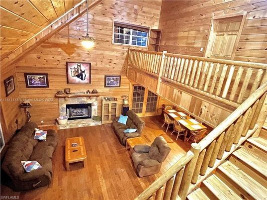 Fireplace, Interior, Living room, Pendant Lights, Wooden Ceilings, Wood Texture Flooring, Wooden Walls