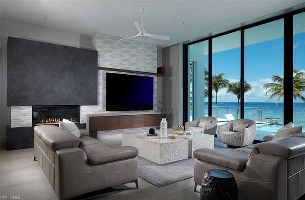 Fireplace, Interior, Living room, Recessed Lighting, Water