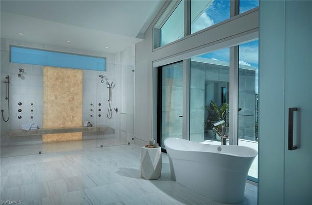 Bathroom, Free Standing Baths, Glass Shower, Interior, Recessed Lighting
