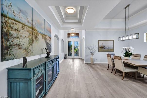 Dining room, Interior, Pendant Lights, Wood Texture Flooring