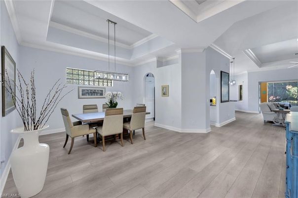 Dining room, Interior, Pendant Lights, Wood Texture Flooring