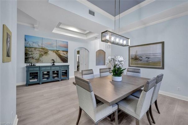 Dining room, Interior, Pendant Lights, Wood Texture Flooring