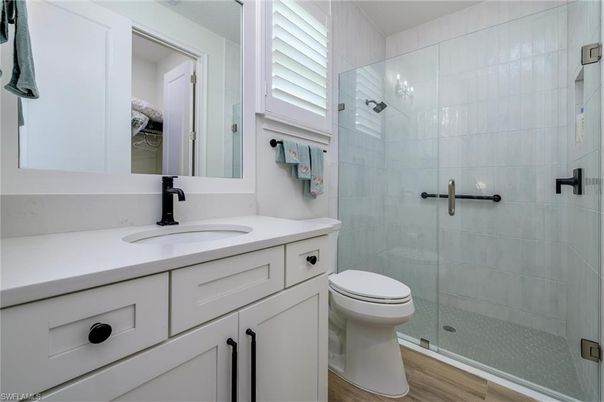 Bathroom, Glass Shower, Interior, Wood Texture Flooring