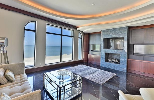 Fireplace, Interior, Living room, Recessed Lighting, Stone Walls, Water
