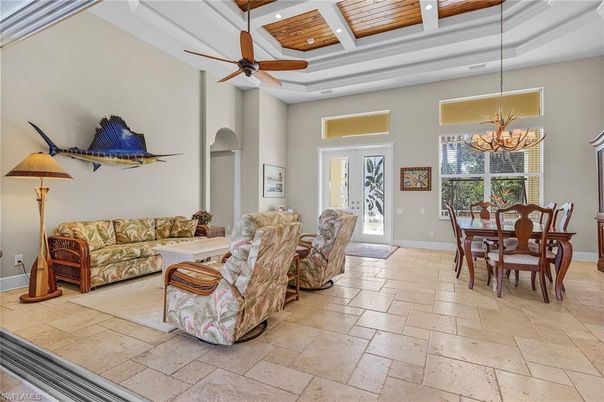 Chandelier, Dining room, Interior, Living room, Recessed Lighting, Wooden Ceilings