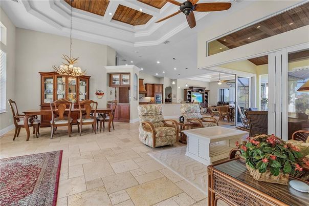 Chandelier, Dining room, Interior, Kitchen, Living room, Pendant Lights, Recessed Lighting, Wooden Ceilings