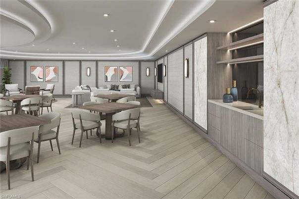 Dining room, Interior, Living room, Recessed Lighting, Wood Texture Flooring