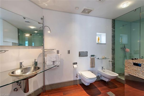 Bathroom, Glass Shower, Interior, Recessed Lighting, Wood Texture Flooring