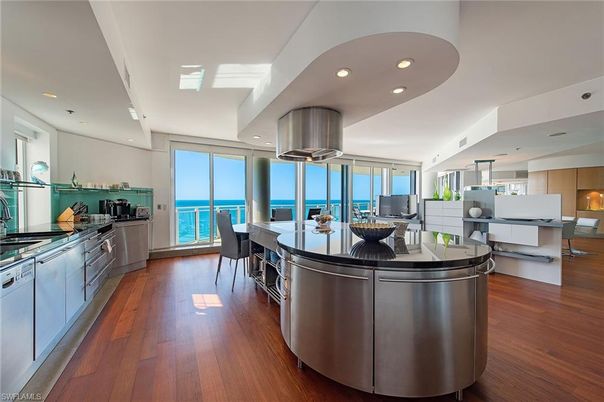 Dining room, Interior, Kitchen, Recessed Lighting, Stainless Steel Appliances, Water, Wood Texture Flooring