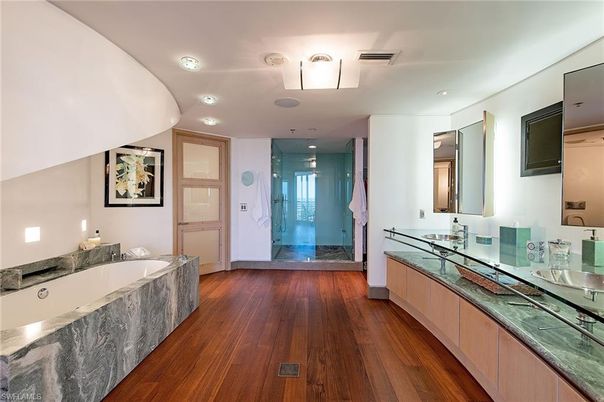 Bathroom, Dual Sink Vanities, Glass Shower, Interior, Recessed Lighting, Wood Texture Flooring