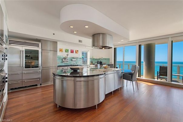 Interior, Kitchen, Recessed Lighting, Stainless Steel Appliances, Water, Wood Texture Flooring