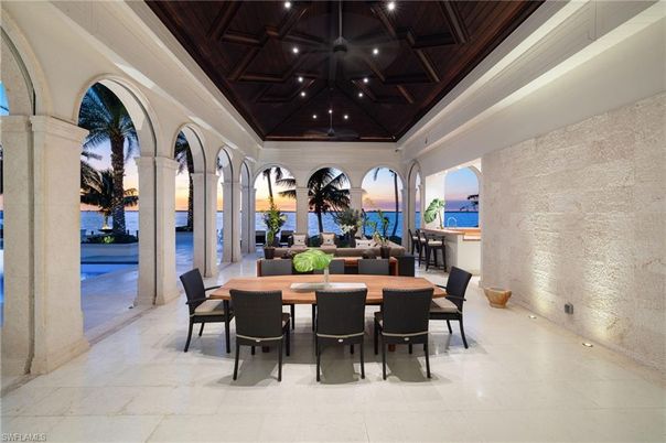 Dining room, Exterior, Recessed Lighting, Water, Wooden Beams, Wooden Ceilings