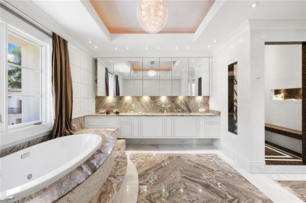 Bathroom, Chandelier, Interior, Marble, Recessed Lighting
