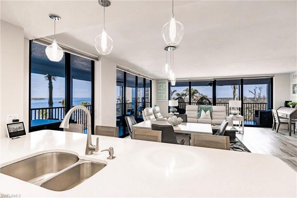 Dining room, Interior, Kitchen, Living room, Pendant Lights, Water, Wood Texture Flooring