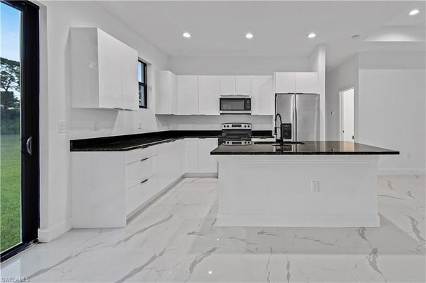 Interior, Kitchen, Marble, Recessed Lighting, Stainless Steel Appliances