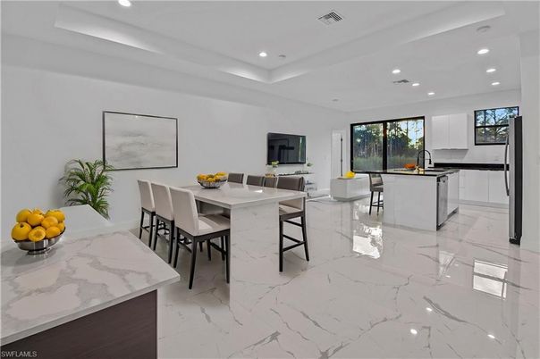 Dining room, Interior, Kitchen, Marble, Recessed Lighting