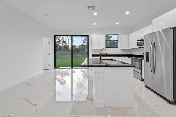 Interior, Kitchen, Marble, Recessed Lighting, Stainless Steel Appliances
