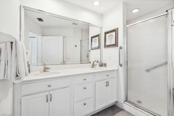 Bathroom, Dual Sink Vanities, Glass Shower, Interior, Recessed Lighting