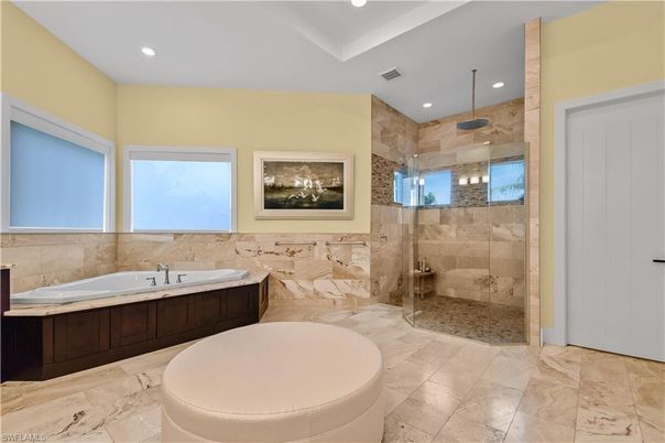 Bathroom, Glass Shower, Interior, Marble, Recessed Lighting