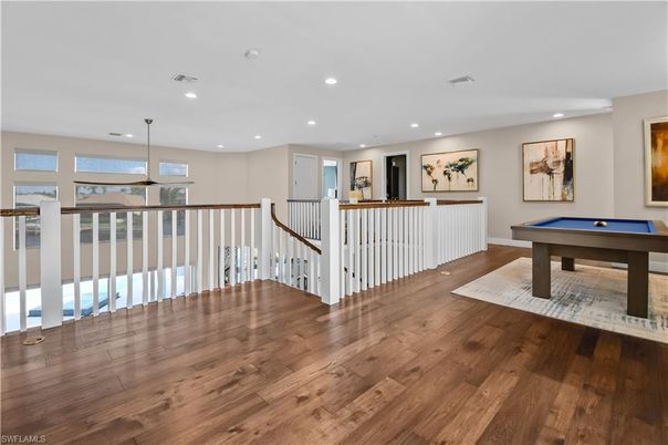 Billiard Table, Game Room, Interior, Pendant Lights, Recessed Lighting, Wood Texture Flooring