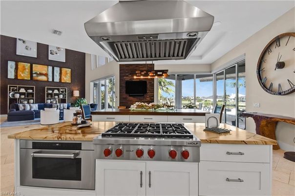 Interior, Kitchen, Living room, Pendant Lights, Stainless Steel Appliances, Stone Walls