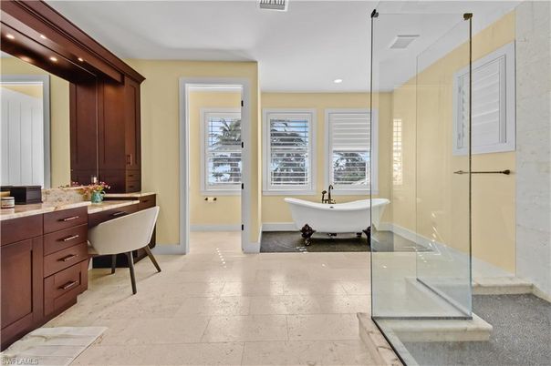 Bathroom, Free Standing Baths, Glass Shower, Interior, Recessed Lighting