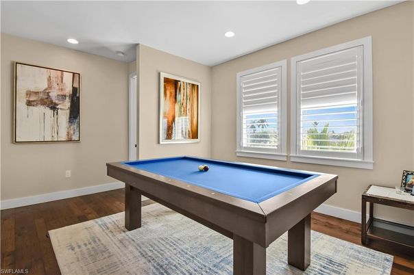 Billiard Table, Game Room, Interior, Recessed Lighting, Wood Texture Flooring