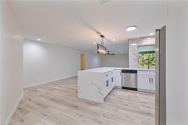 Interior, Kitchen, Pendant Lights, Recessed Lighting, Stainless Steel Appliances, Wood Texture Flooring