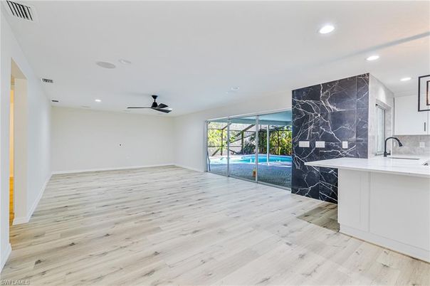 Interior, Kitchen, Marble Walls, Recessed Lighting, Wood Texture Flooring