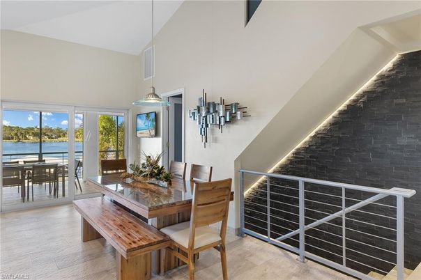 Dining room, Interior, Pendant Lights, Water, Wood Texture Flooring