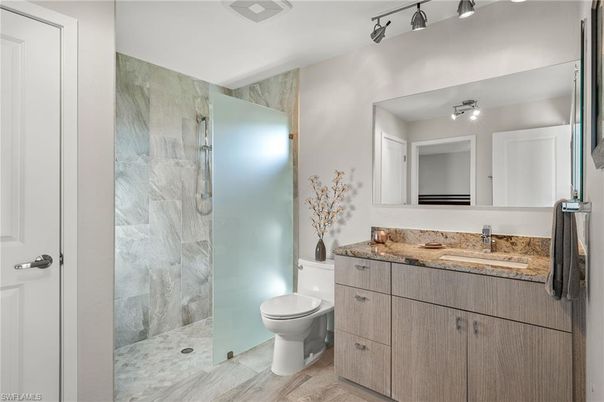 Bathroom, Glass Shower, Interior, Wood Texture Flooring