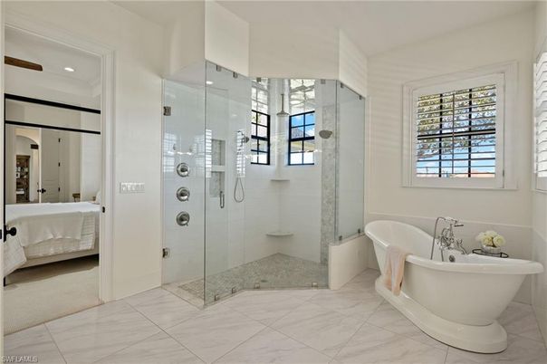 Bathroom, Bedroom, Free Standing Baths, Glass Shower, Interior, Marble, Recessed Lighting