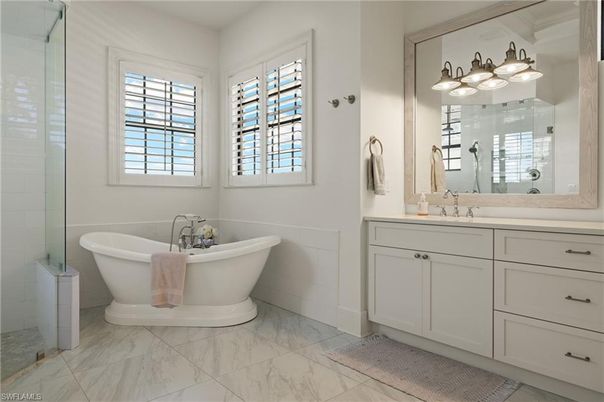 Bathroom, Dual Sink Vanities, Free Standing Baths, Glass Shower, Interior, Marble