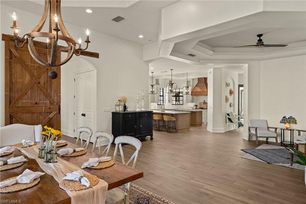 Chandelier, Interior, Kitchen, Pendant Lights, Recessed Lighting, Wood Texture Flooring