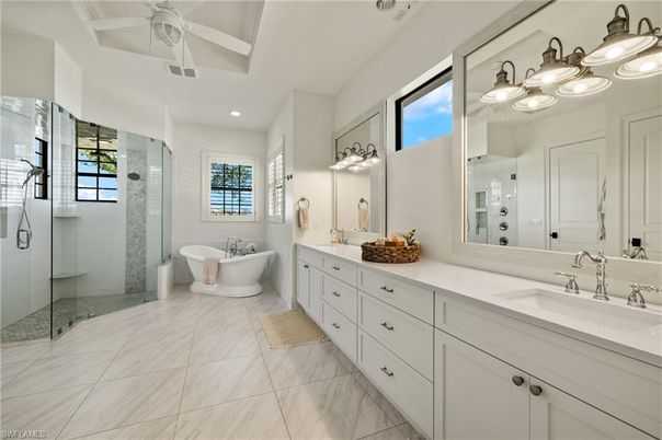 Bathroom, Dual Sink Vanities, Free Standing Baths, Glass Shower, Interior, Marble, Recessed Lighting