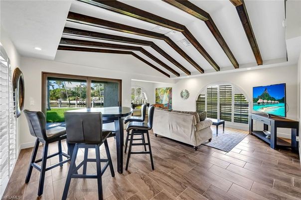 Dining room, Interior, Living room, Recessed Lighting, Wooden Beams, Wood Texture Flooring