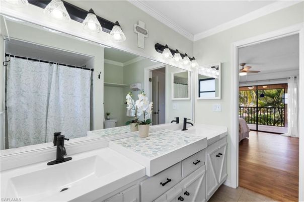 Bathroom, Dual Sink Vanities, Interior, Tile Countertops, Wood Texture Flooring