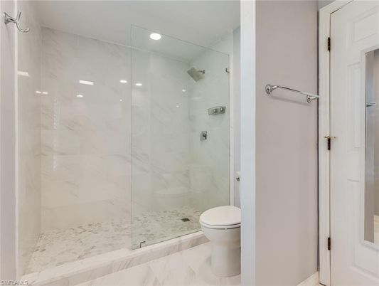 Bathroom, Glass Shower, Interior, Marble, Marble Walls, Recessed Lighting