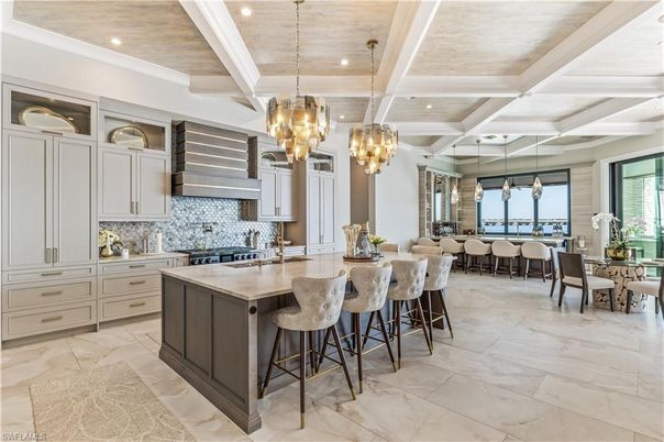 Chandelier, Dining room, Interior, Kitchen, Pendant Lights, Recessed Lighting, Stainless Steel Appliances