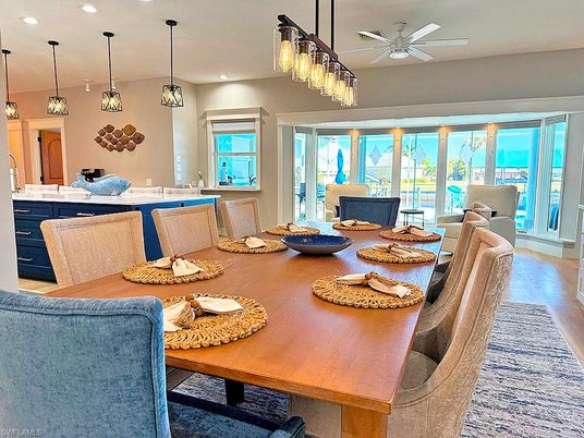 Dining room, Interior, Pendant Lights, Recessed Lighting, Wood Texture Flooring