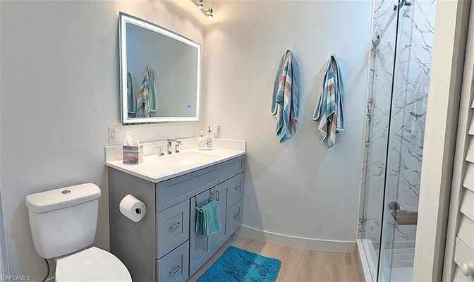 Bathroom, Interior, Marble Walls, Wood Texture Flooring