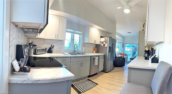 Interior, Kitchen, Marble Walls, Wood Texture Flooring