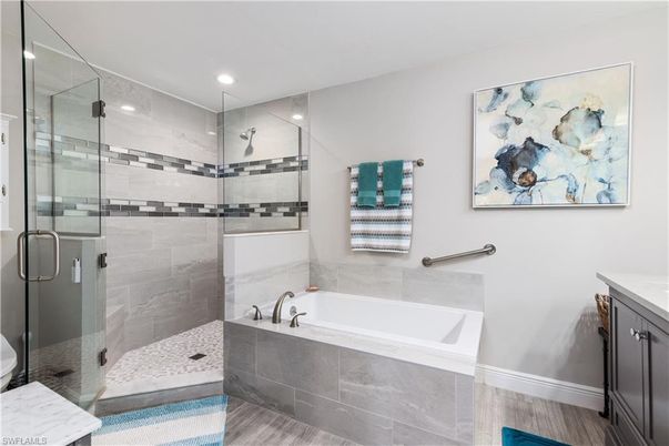 Bathroom, Glass Shower, Interior, Recessed Lighting, Wood Texture Flooring