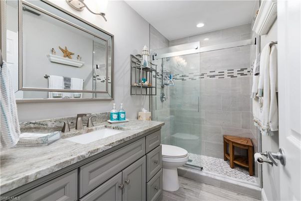 Bathroom, Glass Shower, Interior, Recessed Lighting, Wood Texture Flooring