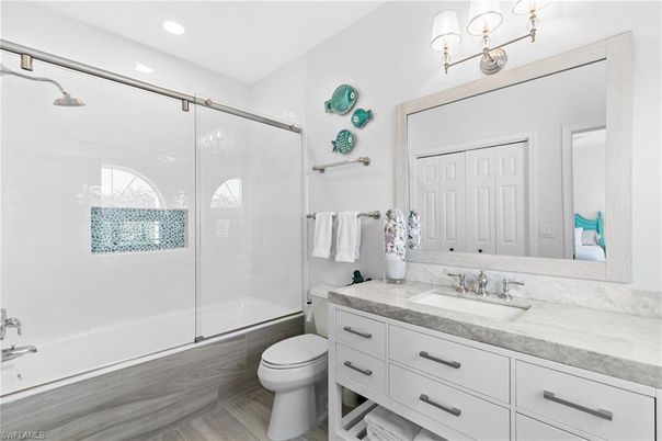 Bathroom, Glass Shower, Interior, Recessed Lighting, Wood Texture Flooring