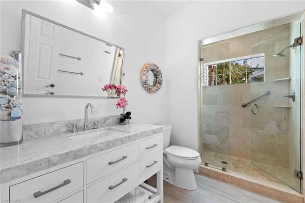 Bathroom, Glass Shower, Interior, Wood Texture Flooring