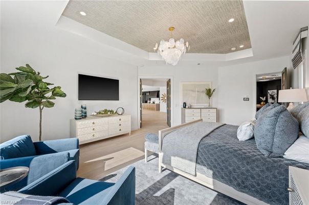 Bedroom, Chandelier, Interior, Recessed Lighting, Wood Texture Flooring