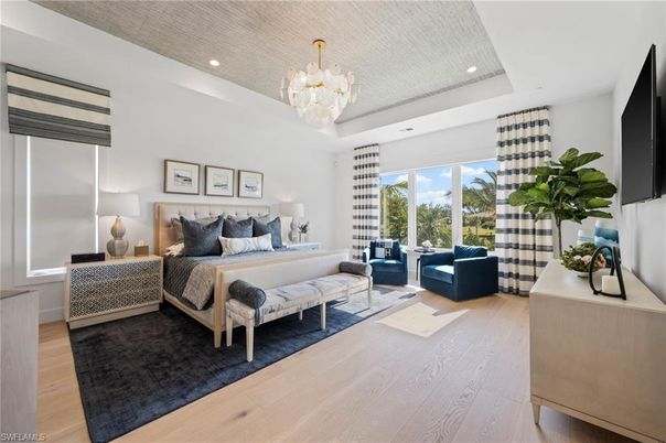 Bedroom, Chandelier, Interior, Recessed Lighting, Wood Texture Flooring